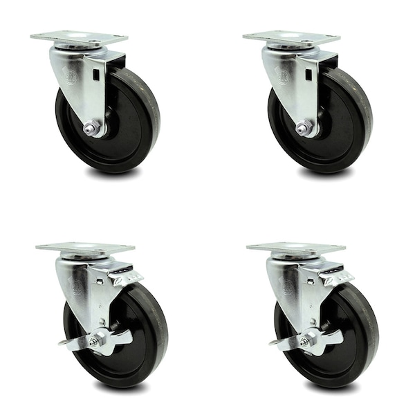 5 Inch Phenolic Wheel Swivel Top Plate Caster Set with 2 Brakes